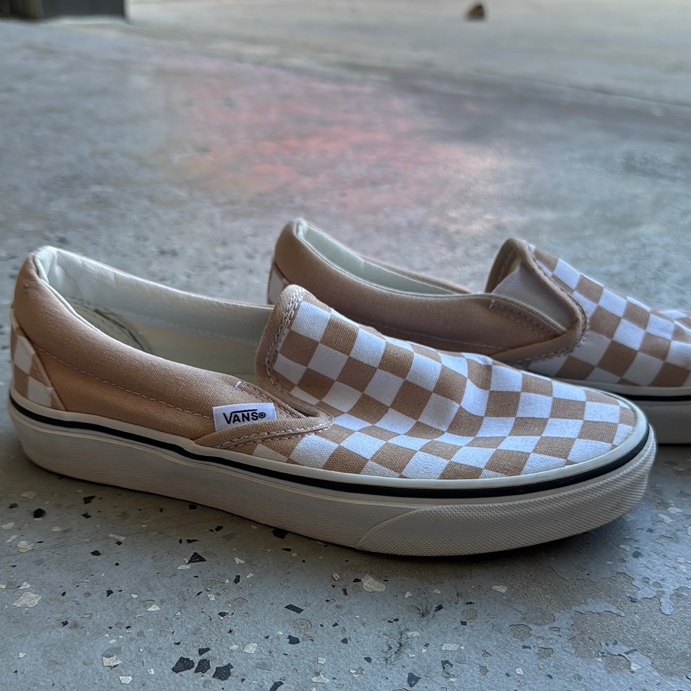 Vans Tan and White Slip-On Sneakers Checkerboard Canvas